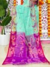 Light Teal Soft Lota Pata Jamdani Sari With Blouse Piece