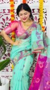 Light Teal Soft Lota Pata Jamdani Sari With Blouse Piece
