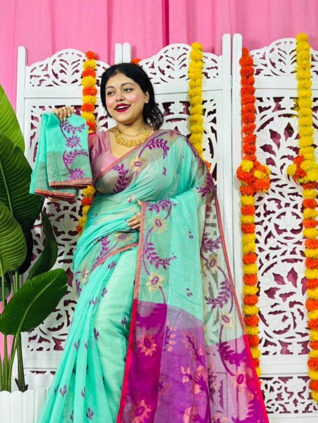 Light Teal Soft Lota Pata Jamdani Sari With Blouse Piece Light Teal Soft Lota Pata Jamdani Sari With Blouse Piece