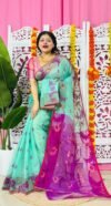 Light Teal Soft Lota Pata Jamdani Sari With Blouse Piece