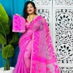 Persian Pink Soft Bonolota Jamdani Sari Wiht Blouse Piece