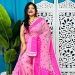 Persian Pink Soft Sunflower Jamdani Sari With Blouse Piece