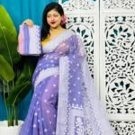 Purple Blue Soft Sunflower Jamdani Sari With Blouse Piece