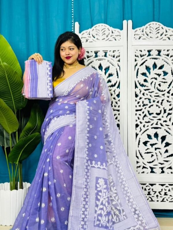 Purple Blue Soft Sunflower Jamdani Sari With Blouse Piece