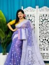 Purple Blue Soft Sunflower Jamdani Sari With Blouse Piece