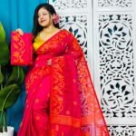 Purple Red Soft Bonolota Jamdani Sari Wiht Blouse Piece