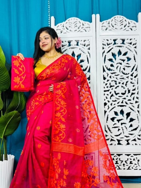 Purple Red Soft Bonolota Jamdani Sari Wiht Blouse Piece