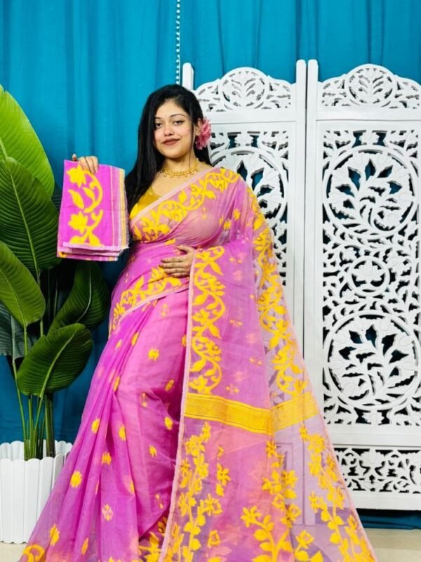 Purplish Pink Soft Bonolota Jamdani Sari Wiht Blouse Piece