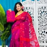 Purplish Red Soft Bonolota Jamdani Sari Wiht Blouse Piece