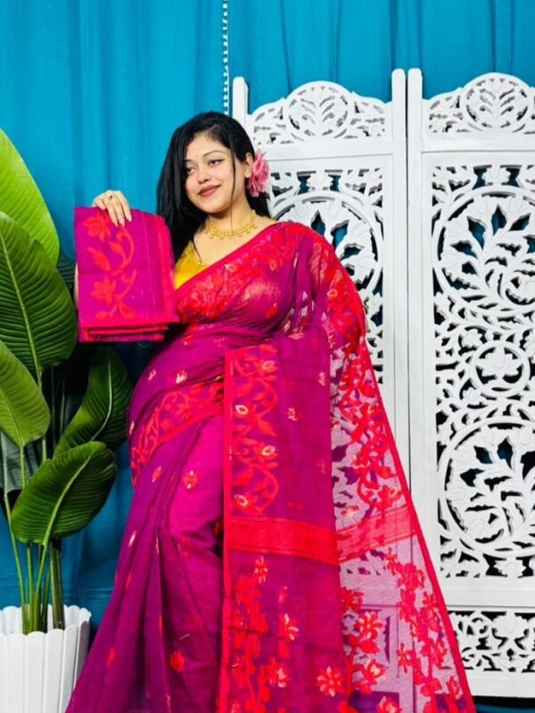 Purplish Red Soft Bonolota Jamdani Sari Wiht Blouse Piece