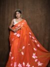 Red Orange Floral Design Mul Cotton Sari With Blouse Piece