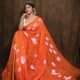 Red Orange Floral Design Mul Cotton Sari With Blouse Piece