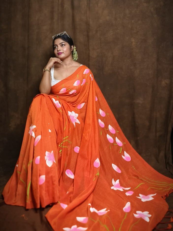 Red Orange Floral Design Mul Cotton Sari With Blouse Piece Red Orange Floral Design Mul Cotton Sari With Blouse Piece