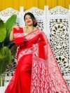 Red Soft Body Plain Jamdani Sari With Blouse Piece