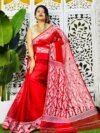 Red Soft Body Plain Jamdani Sari With Blouse Piece