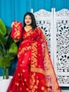 Red Soft Bonolota Jamdani Sari Wiht Blouse Piece