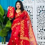 Red Soft Bonolota Jamdani Sari Wiht Blouse Piece