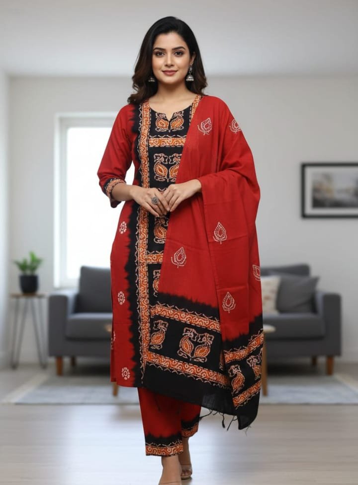 Red Soft Mom Batik Unstitched 3 Piece Suit Set Red Soft Mom Batik Unstitched 3 Piece Suit Set
