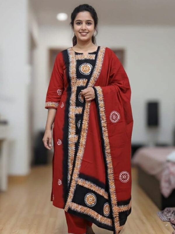 Red Soft Mom Batik Unstitched 3 Piece Suit Set