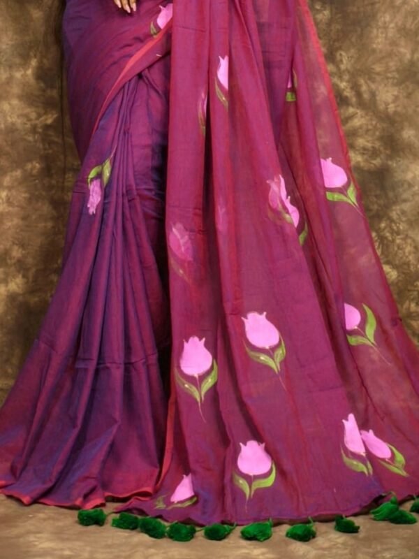 Rich Maroon Printed Mul Mul Cotton Saree Soft & Comfort