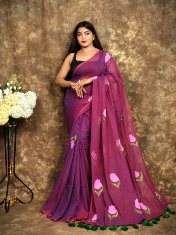 Rich Maroon Printed Mul Mul Cotton Saree Soft & Comfort