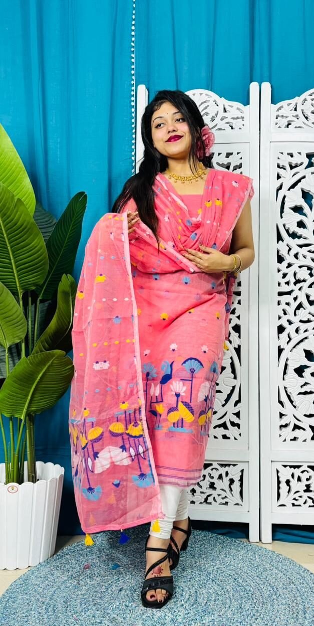 Unstitched Soft 2 Piece Jamdani Churidar - Rose Pink Unstitched Soft 2 Piece Jamdani Churidar - Rose Pink