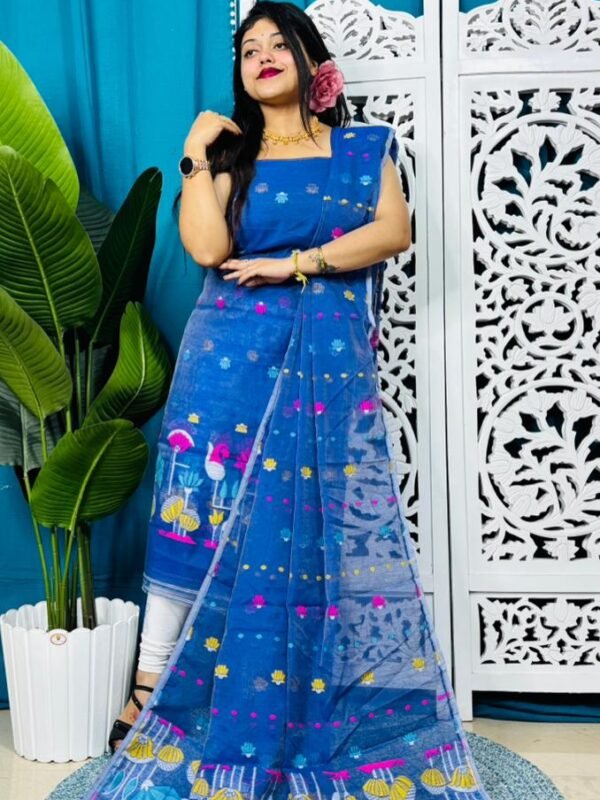 Unstitched Soft 2 Piece Jamdani Churidar - Royal Blue