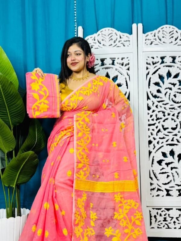 Salmon Pink Soft Bonolota Jamdani Sari Wiht Blouse Piece