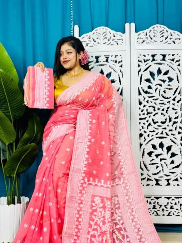 Salmon Pink Soft Sunflower Jamdani Sari With Blouse Piece