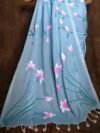 Sky Blue Floral Design Mul Cotton Sari With Blouse Piece