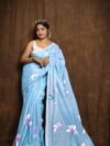Sky Blue Floral Design Mul Cotton Sari With Blouse Piece