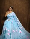 Sky Blue Floral Design Mul Cotton Sari With Blouse Piece