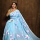 Sky Blue Floral Design Mul Cotton Sari With Blouse Piece
