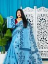 Sky Blue Soft Bonolota Jamdani Sari Wiht Blouse Piece
