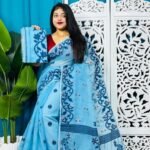 Sky Blue Soft Bonolota Jamdani Sari Wiht Blouse Piece