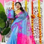 Sky Blue Soft Lota Pata Jamdani Sari With Blouse Piece