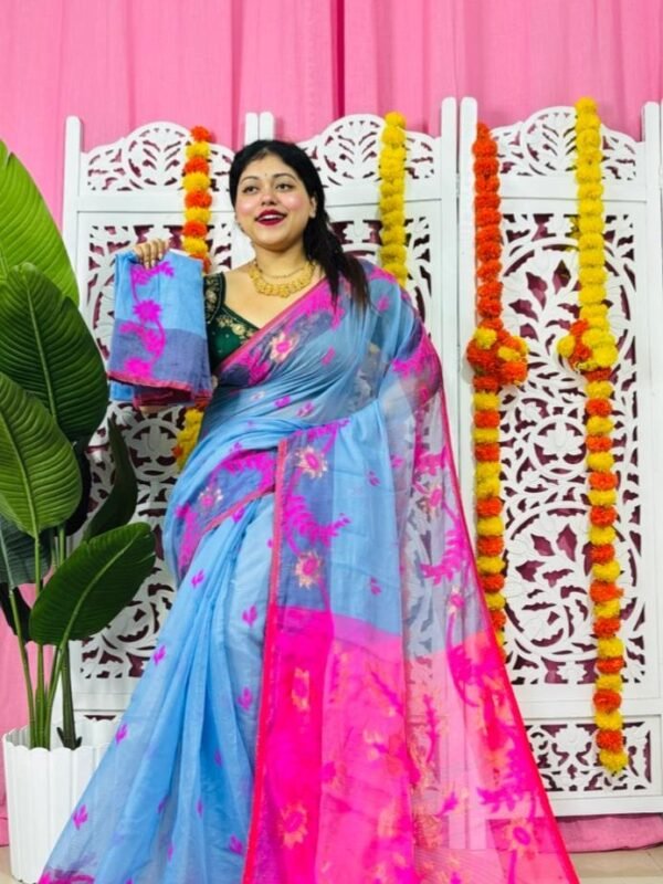 Sky Blue Soft Lota Pata Jamdani Sari With Blouse Piece