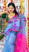 Sky Blue Soft Lota Pata Jamdani Sari With Blouse Piece