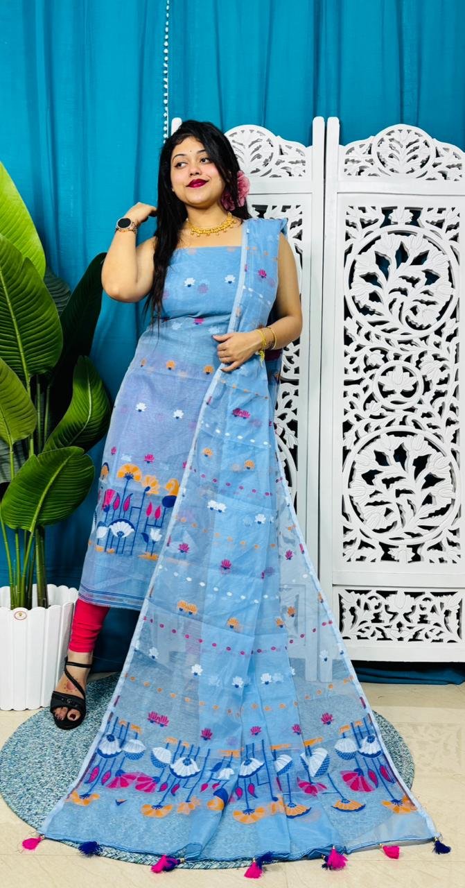 Unstitched Soft 2 Piece Jamdani Churidar - Sky Blue Unstitched Soft 2 Piece Jamdani Churidar - Sky Blue