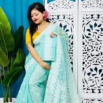 Tiffany Blue Soft Sunflower Jamdani Sari With Blouse Piece