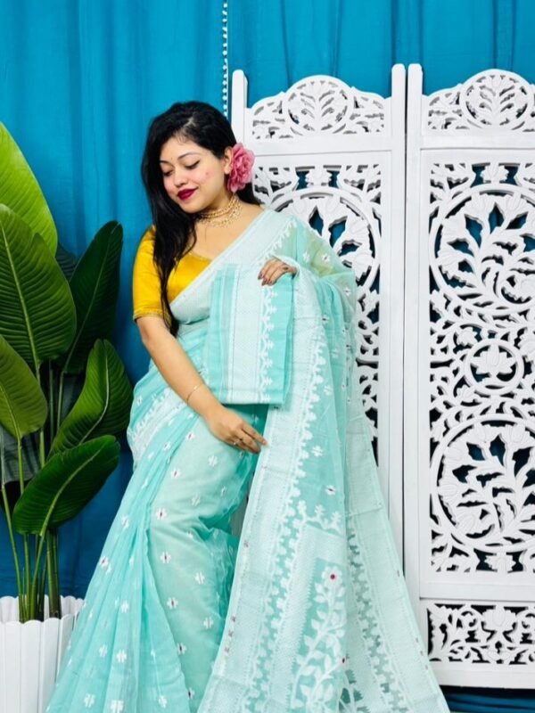 Tiffany Blue Soft Sunflower Jamdani Sari With Blouse Piece