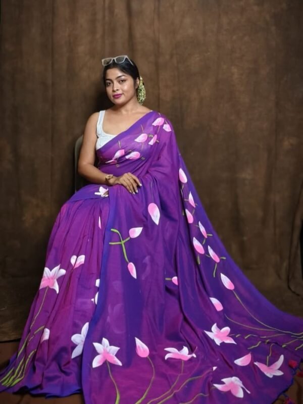 Warm Purple Floral Design Mul Cotton Sari With Blouse Piece