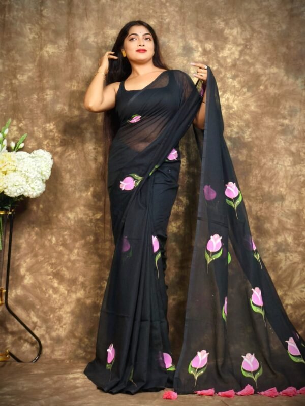 Black Printed Mul Mul Cotton Saree Soft & Comfort