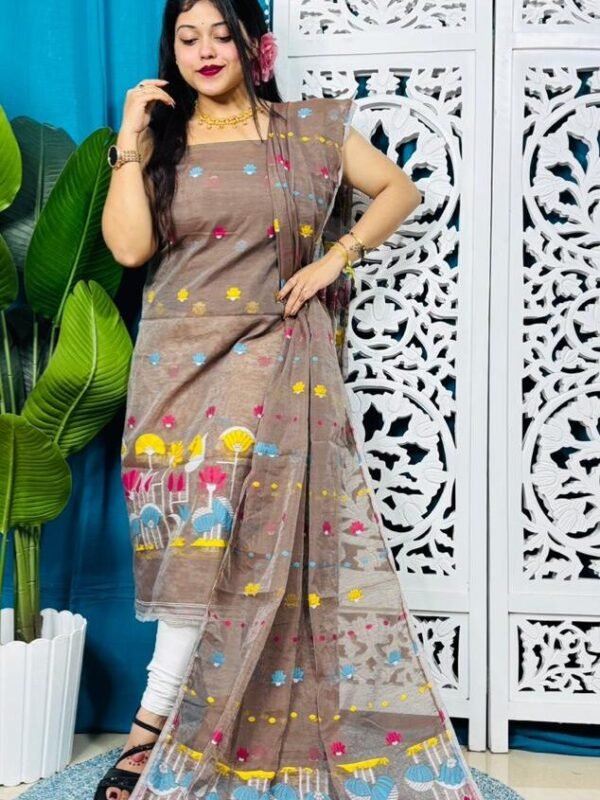 Unstitched Soft 2 Piece Jamdani Churidar - Light Coffee