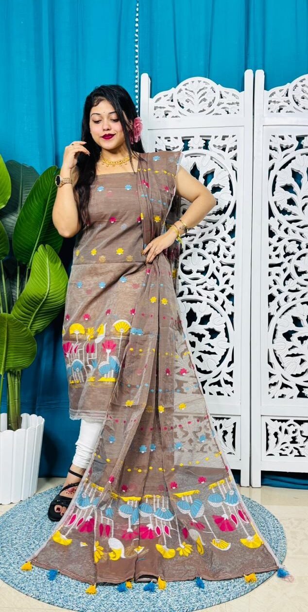 Unstitched Soft 2 Piece Jamdani Churidar - Light Coffee