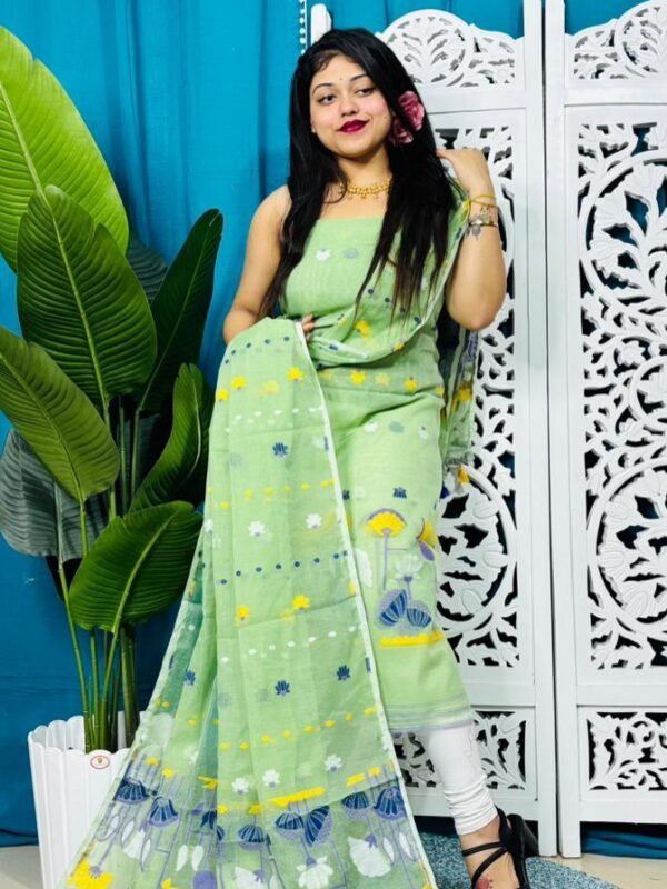 Unstitched Soft 2 Piece Jamdani Churidar - Light Olive