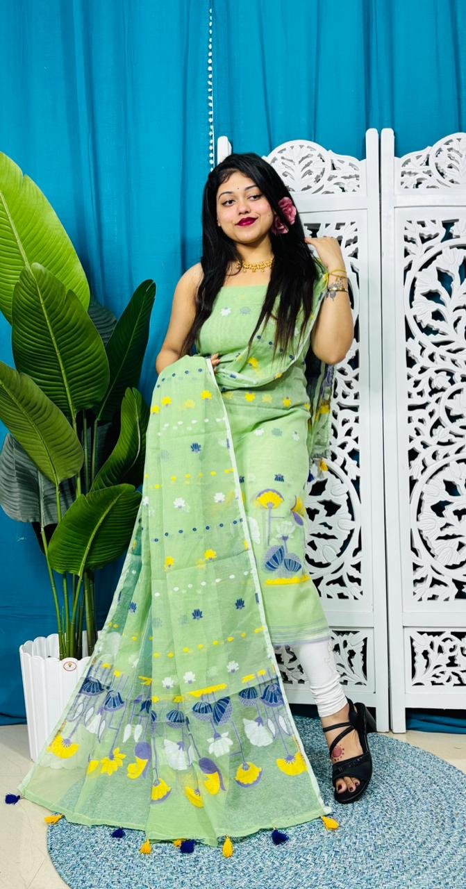 Unstitched Soft 2 Piece Jamdani Churidar - Light Olive