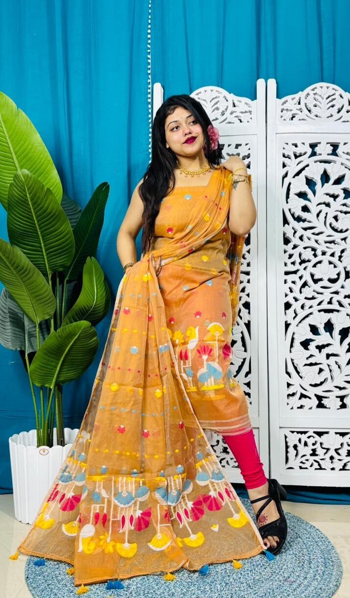 Unstitched Soft 2 Piece Jamdani Churidar - Faded Orange