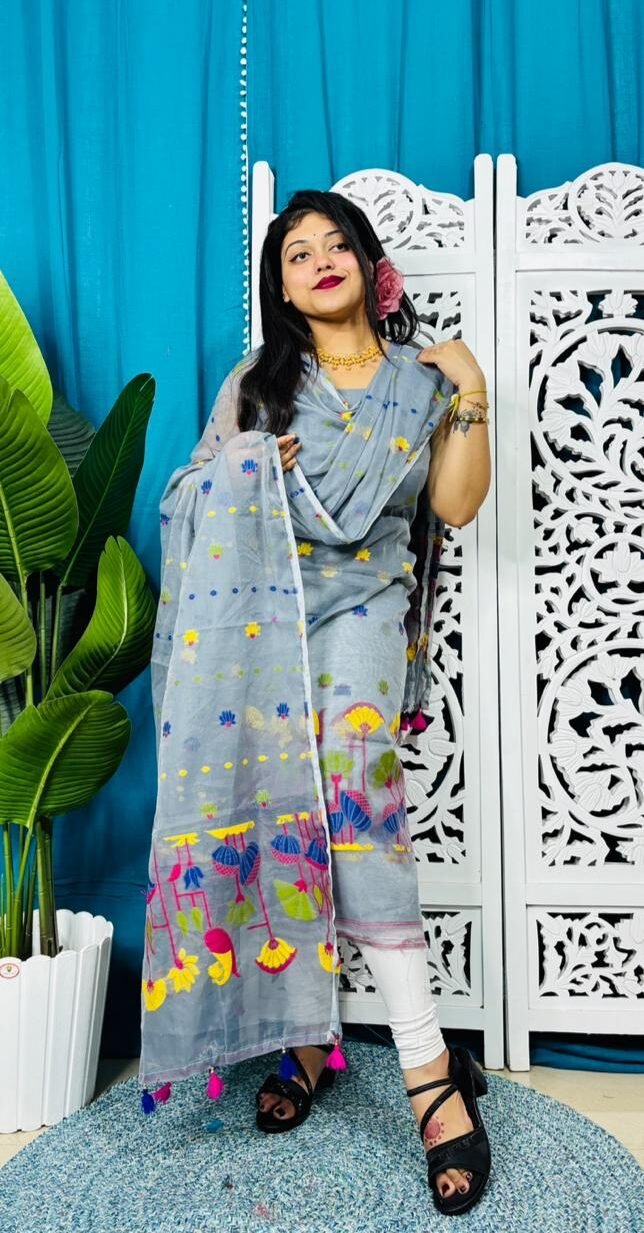 Unstitched Soft 2 Piece Jamdani Churidar - Grey