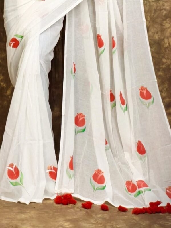 White Printed Mul Mul Cotton Saree Soft & Comfort
